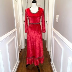Vintage 1960’s red velvet long sleeve dress with gold& black swirl detail